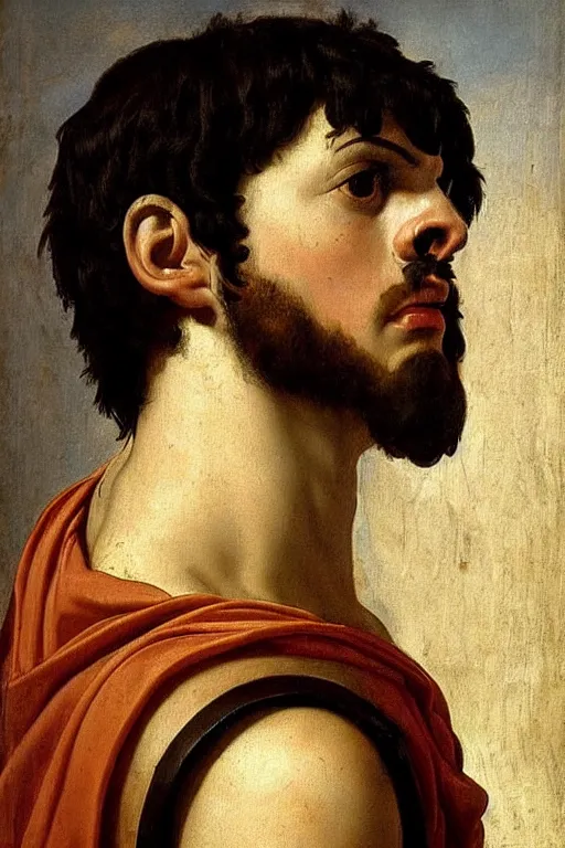 Prompt: renaissance painting of man, short black hair, pleading face, tears dripping from the eyes, emotions closeup, dressed in roman armour, ultra detailed, art by Guido Reni style, Vincenzo Catena style