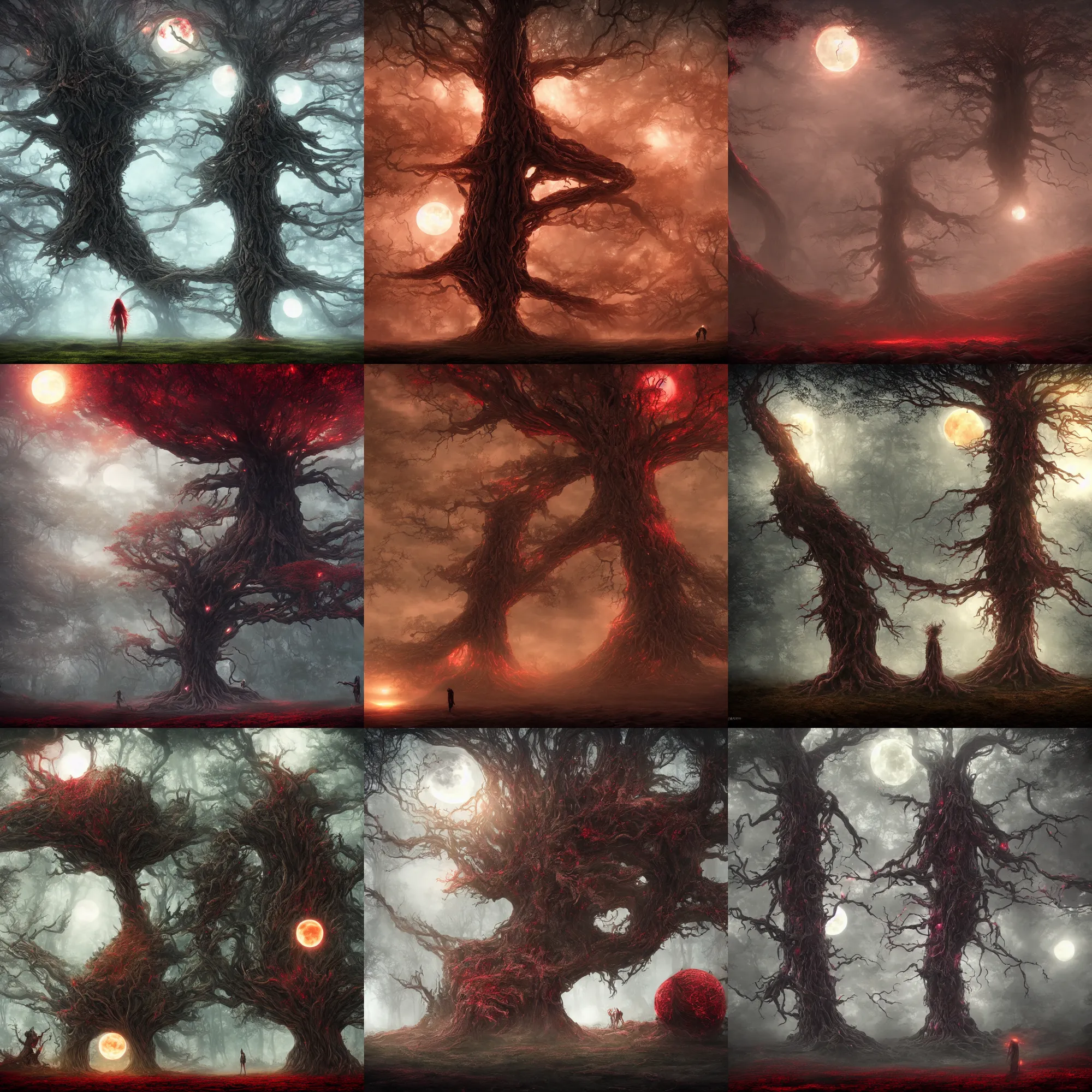 Prompt: massive world tree in the middle, a giant titan woman lies at the foot of the tree, red roots spread over the land, poisonous moon hovering in the sky, dark fantasy, elden ring style, godray lighting, mist,, 8 k, very high definition, concept art