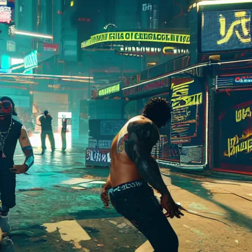 Image similar to 2 1 savage rapping on a stage in front of a crowd in cyberpunk 2 0 7 7, gameplay screenshot, detailed