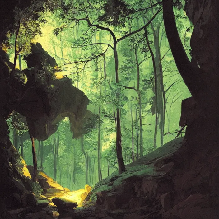 Image similar to mysterious cave entrance in dense forest, light coming through, night, beautiful, highlt detailed, by syd mead