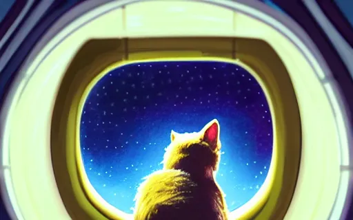 Image similar to cat in a space suit from behind in a space station watching the stars trough a large window, digital painting, dramatic lighting, highly detailed, artstation, concept art