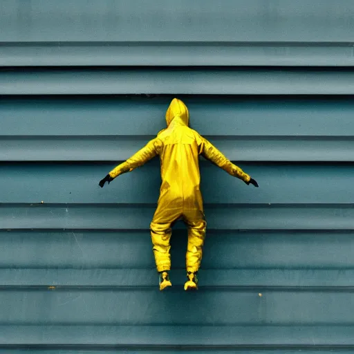 Image similar to Humanoid teal squid standing on two legs wearing yellow raincoat jumping of the edge of a dock in a city that is overwatched by a eye in a hand