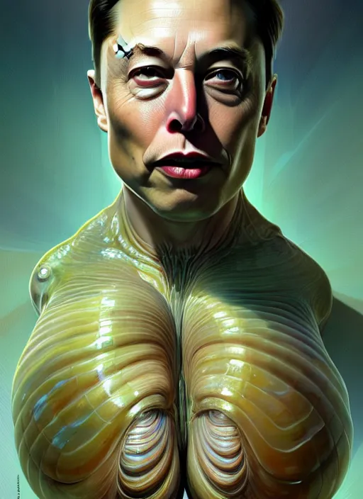 Image similar to elon musk as slimy mollusk, portrait, intricate, elegant, highly detailed, digital painting, artstation, concept art, wallpaper, smooth, sharp focus, illustration, art by artgerm and greg rutkowski and alphonse mucha