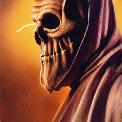 Image similar to ultra realistic portrait painting of skeletor as obi - wan kenobi, art by frank frazetta, 4 k, ultra realistic, highly detailed, epic lighting