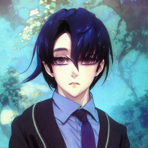 Prompt: small boy with black hair and blue purple eye, school uniform, anime style, hyper detailed, illustration, digital painting, art by artgerm and greg rutkowski and alphonse mucha, high delicate defined details, anime stylized, highly detailed, realistic, sharp focus, symmetrical face
