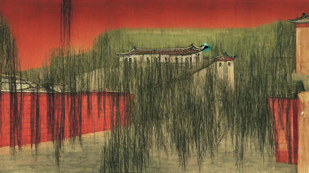 Image similar to a chinese prison near a river by peter doig, muted colors