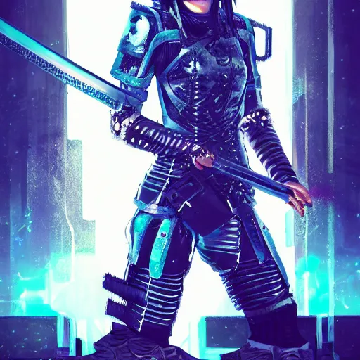 Prompt: [ grimes in medieval cyberpunk armor ]! holding a [ sword in her hand ]! looking out into the [ futuristic cyberpunk city ]!, digital art! style, trending on [ artstation ]!, 4 k, cgsociety contest winner, award winning, neon! lighting, neon subsurface scattering!!, intricate, detailed, volumetric lighting!
