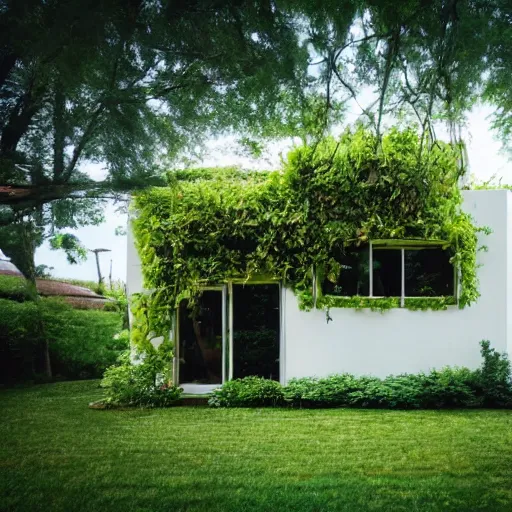 Image similar to futuristic house white covered in plants, hanging vines, motorcycle