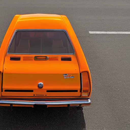 Prompt: 1 9 7 3 ford pinto stationwagon, orange - yellow color, wide - angle lens, dramatic lighting, cool marketing photo