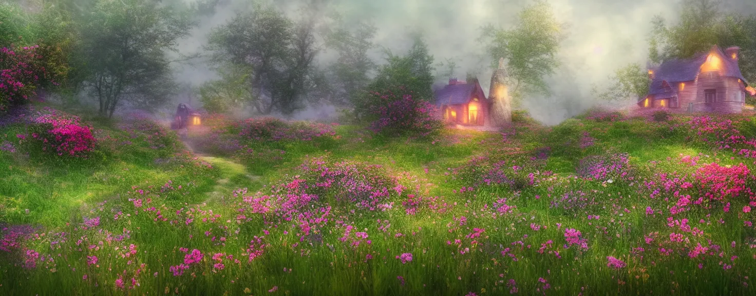 Prompt: fantasy little strawberry like cottage among magical floral meadow partially covered with fog, photo realistic image, super detailed, 4K,cinematic look