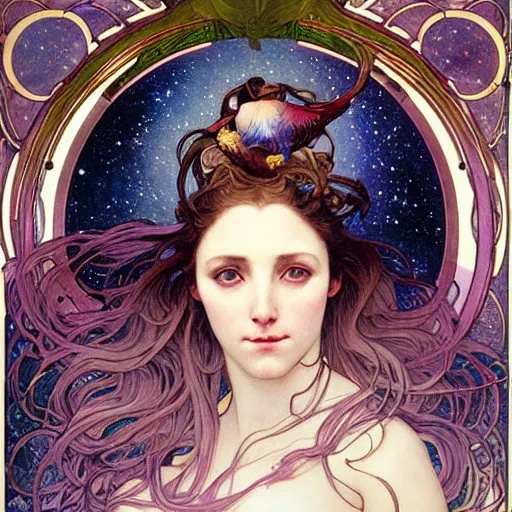 Prompt: realistic detailed face portrait of the Muse of Astronomy Urania with a spiral nebula rising out of her hair by Alphonse Mucha, Ayami Kojima, Amano, Charlie Bowater, Karol Bak, Greg Hildebrandt, Jean Delville, and Mark Brooks, Art Nouveau, Neo-Gothic, gothic, rich deep moody colors