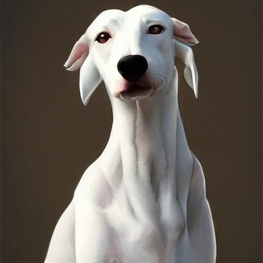 Image similar to A masterpiece portrait of a white greyhound. Greyhound is wearing a silver tiara. Very detailed. intricate, elegant, highly detailed. trending on artstation, digital art, by Stanley Artgerm Lau, WLOP, Rossdraws, James Jean, Andrei Riabovitchev, Marc Simonetti, Yoshitaka Amano