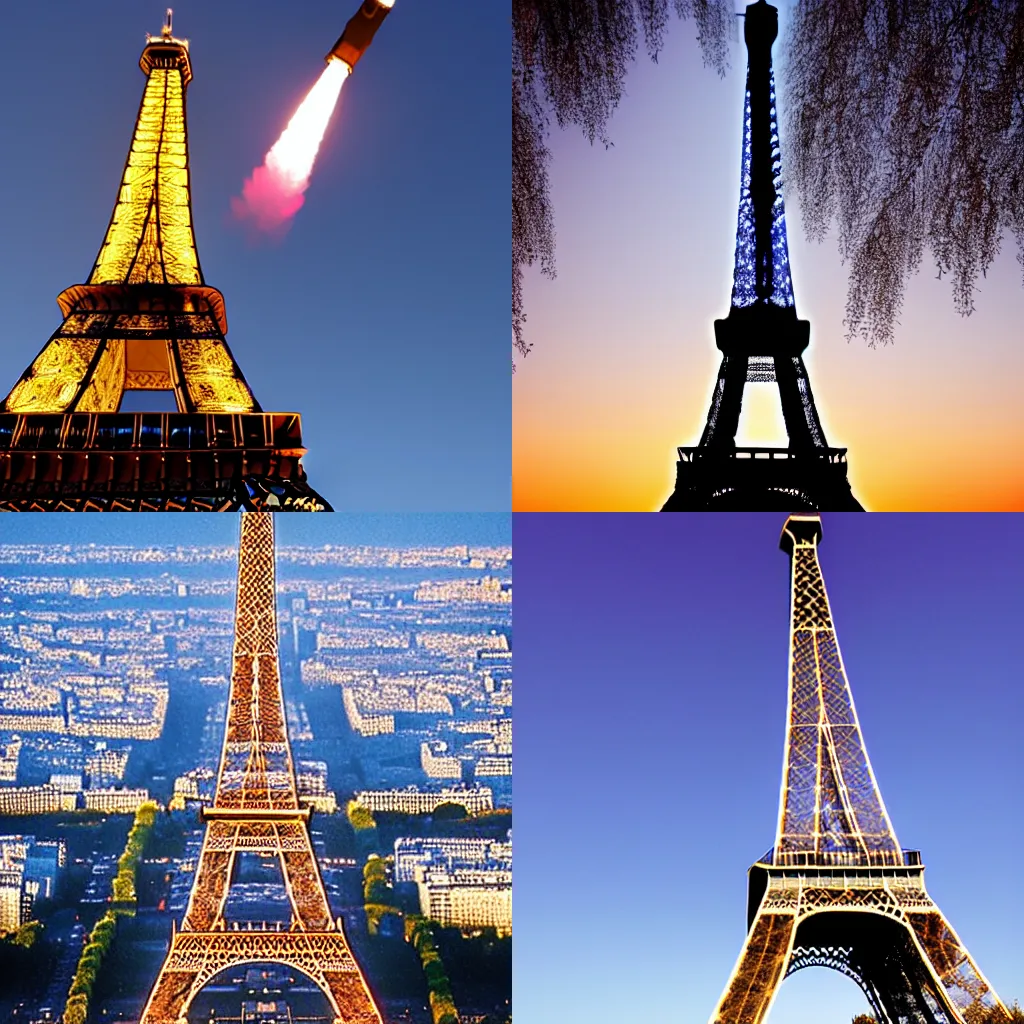 Prompt: the Eiffel tower in the shape of a rocket taking off