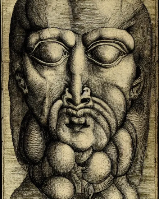 Image similar to head with three faces creature, drawn by da vinci