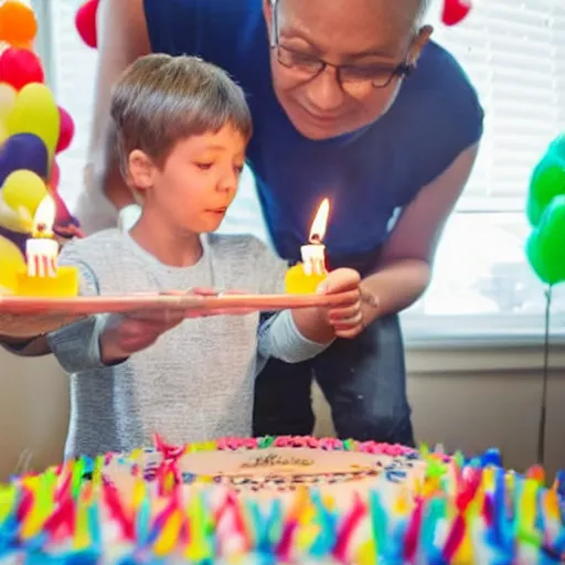 Prompt: a 7 year old blowing out the candles on his birthday cake