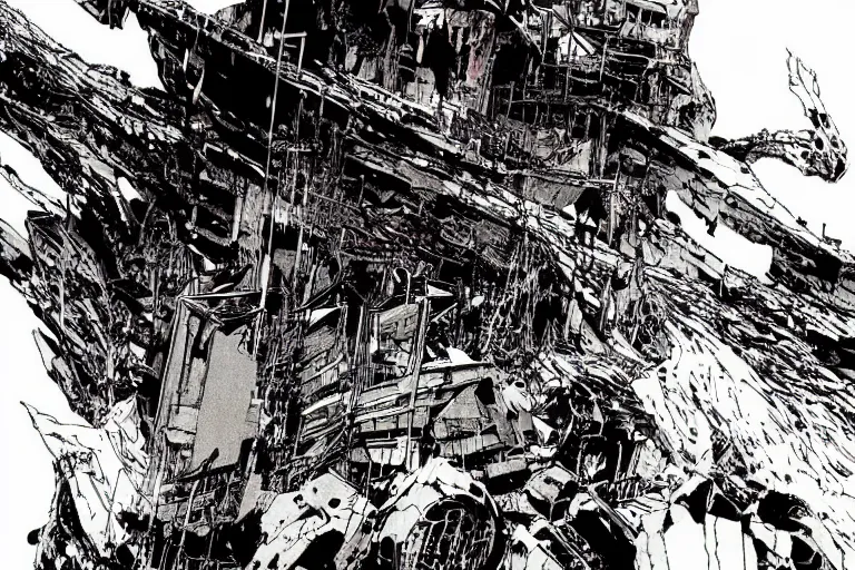 Prompt: no man's land, remnants of the human civilization, post-apocalyspe, a color illustration by Tsutomu Nihei and Katsuhiro Otomo