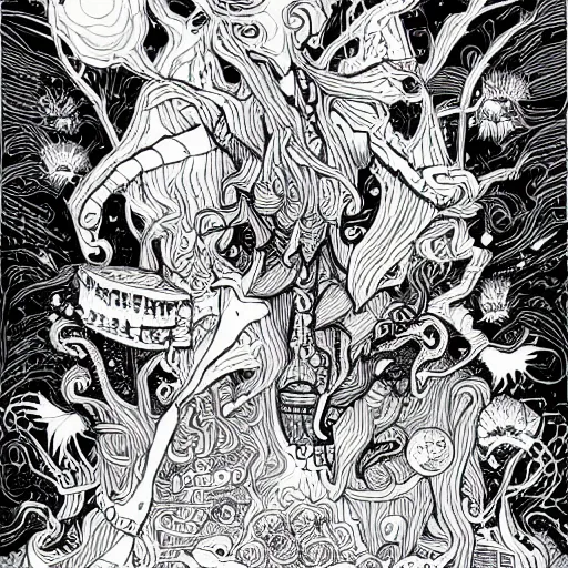 Image similar to a coloring page of a weird dream by James Jean and Dan Mumford and Strongstufftom and Adi Granov