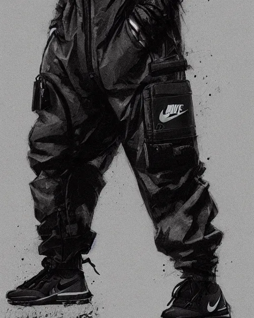 Image similar to Medium shot of a character wearing Nike ACG+Acronym P31-DS Pants in the style of greg rutkowski