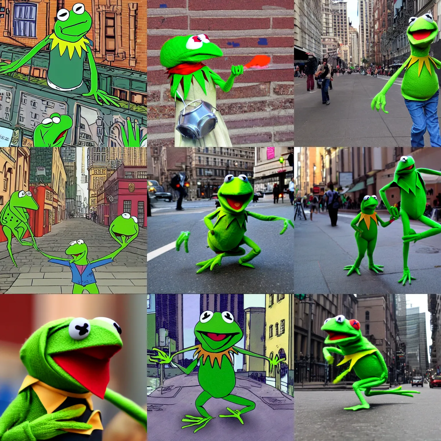 Prompt: Kermit the frog attacking a city