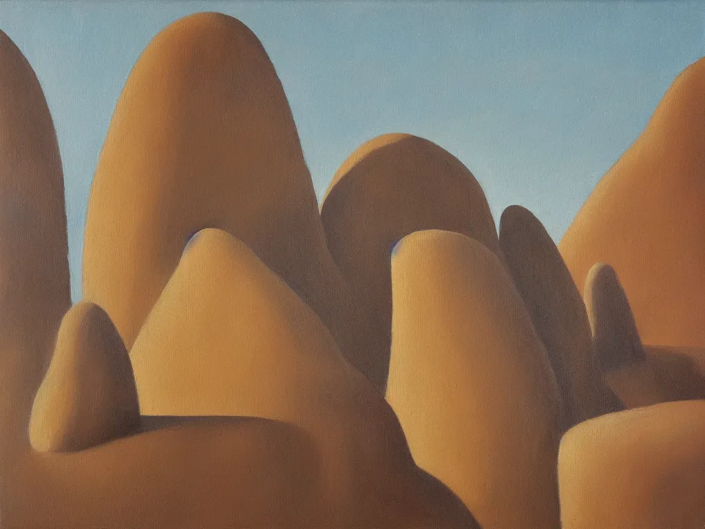 Prompt: Alien landscape with Brancusi Moore sculpted rock. Painting by Morandi