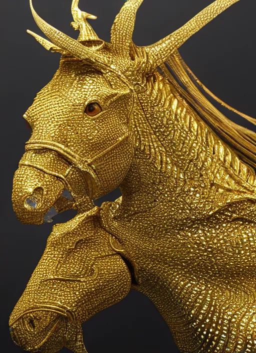 Image similar to kirin hybrid with white horse, golden metalic reflective skin, golden intricate diamonds reflective skin, under water, dynamic, light-gold shimmer, spotlight, ultrarealistic, Hyperdetailed, 3d octane render, science fiction, concept art