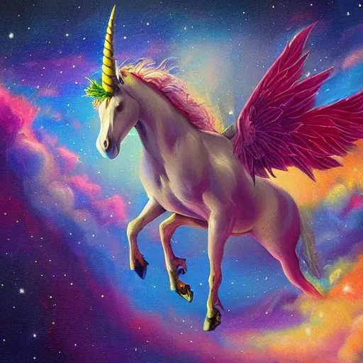 Prompt: an unicorn with wings eating in a field of marijuana, a nebula is in the sky, oil painting, fantasy art, concept art, highly detailed, photorealistic, high quality, 8 k, masterpiece