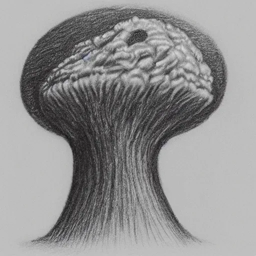 Prompt: vladimir putin's face in a nuclear mushroom cloud, cartoonish, ultra detailed pencil drawing