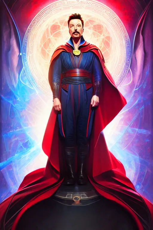 Image similar to elon musk as dr strange, realistic portrait, symmetrical, highly detailed, digital painting, artstation, concept art, smooth, sharp focus, illustration, cinematic lighting, art by artgerm and greg rutkowski and alphonse mucha