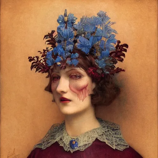 Image similar to a beautiful woman from the 1 9 2 0 s bathed in blue light and standing in a burgundy room looking vacant by arcimboldo, david lynch, greg rutkowski, mucha, dali, francis bacon, trending on artstation