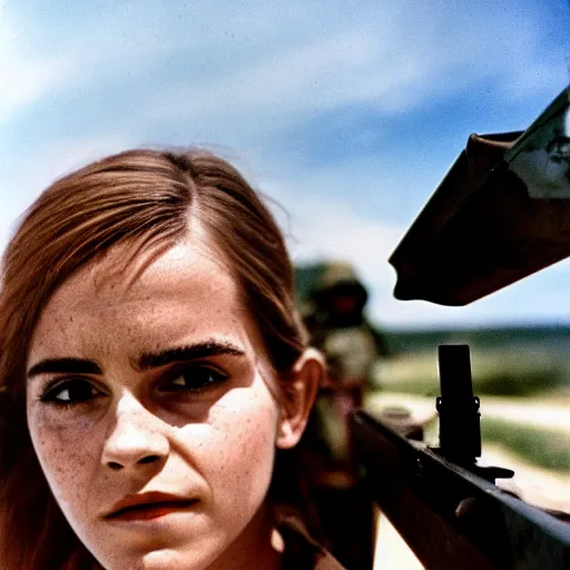 Prompt: film still, extreme far view, emma watson vietnam door gunner, vietnam war associated press photography, 2 6 mm, kodak ektachrome, blue tint expired film,