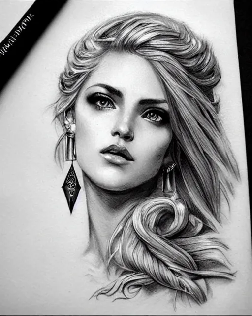 Image similar to tattoo sketch of beautiful greek goddess aphrodite with arrowhead earrings, beautiful piercing eyes, flowing blonde hair, realistic face, hyper realistic, in the style of greg rutkowski, fantasy, amazing detail, epic, intricate, elegant, smooth, sharp focus