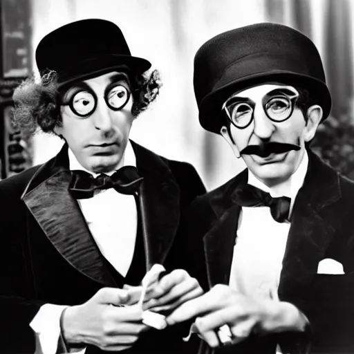 Image similar to harpo marx and groucho marx dines together. harpo marx does not wear a moustache