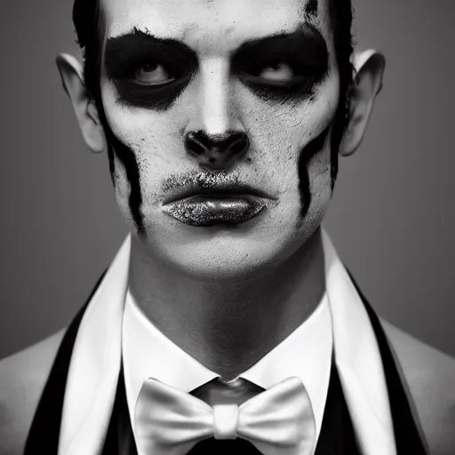 Prompt: a beautiful fashion portrait photograph of a friendly good looking zombie in a tuxedo, studio harcourt, black and white, fashion photography, paolo roversi, richard avedon, chiaroscuro, trending on artstation, ultradetailed, octane render, 4 k, unreal engine, 5 0 mm, sharp focus, studio light photography, high definition, irving penn,