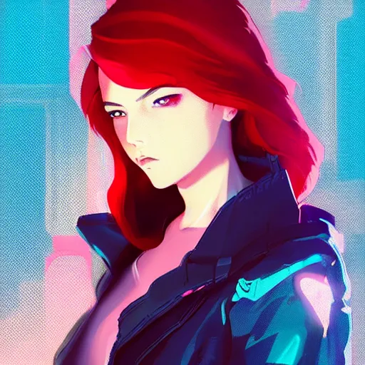 Prompt: a portrait of a cyberpunk young girl with vibrant red hair, in the style of artgerm, charlies bowater, atey ghailan and mike mignola, hatd shadows and spotlight, plain background, comic cover art, trending on artstation