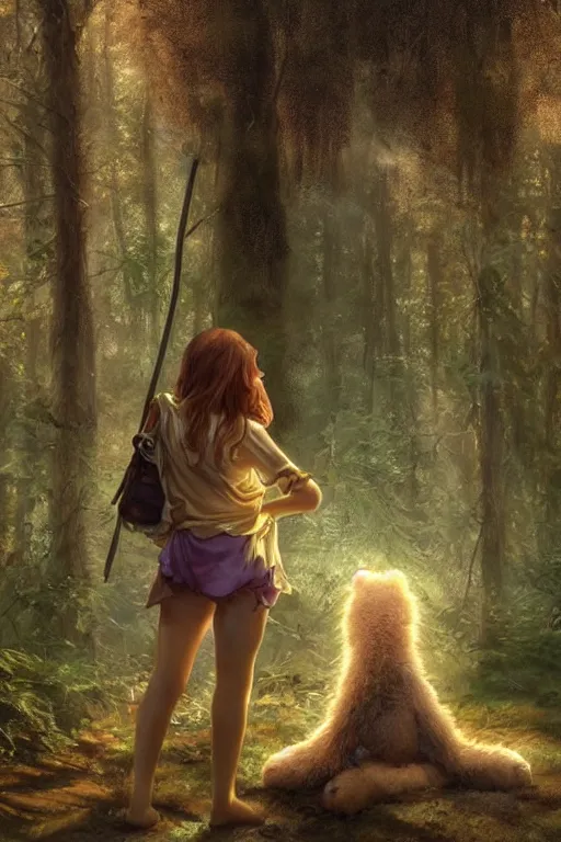 Image similar to mean fluffy teddybear protecting girl in a forest with rays of light coming through the canopy, masterpiece, dystopian, sci-fi, extremely detailed, digital painting, sculpted in zbrush, artstation, concept art, smooth, sharp focus, illustration, chiaroscuro lighting, golden ratio, incredible art, artgerm, greg rutkowski, alphonse mucha, simon stalenhag, carravaggio