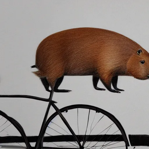 Image similar to a capybara drawing a bicycle on a white wall