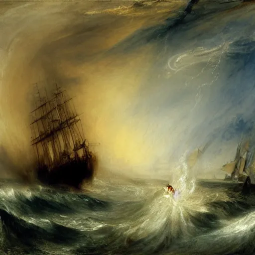 Prompt: giant octopus with gigantic tentacles dancing above the waves of an angry ocean and attacking a frigate, by jmw turner