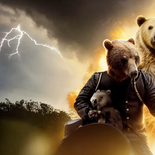 Image similar to most hated united states president, riding bear, realistic render, leading army in battle against aliens at the alamo, stormy weather with lightning, directed by christopher nolan and michael bay