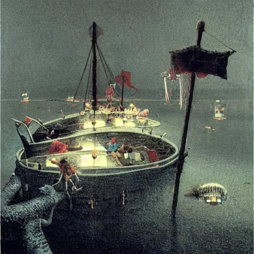 Prompt: night piracy, extremely detailed masterpiece, Roger Deakin’s cinematography, illustration, by Michael Sowa,