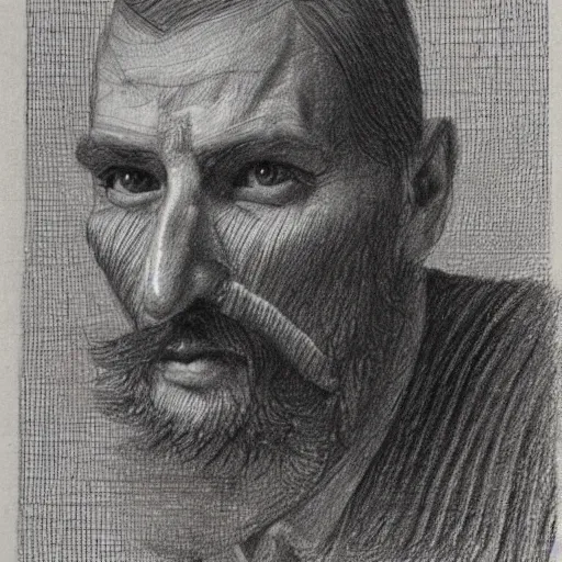 Image similar to A crosshatched portrait drawing of Jerma985 with a pyramidal mustache in the mid-late 1800s, cross haching, crosshatching, mid-late 1800s, grainy, realistic, hyperrealistic, very realistic, highly detailed, very detailed, extremely detailed, detailed, trending on artstation