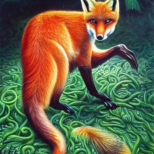 Prompt: beautiful lifelike painting of a fox chewing its own tail, hyperreal detailed facial features and uv lighting, art by ed roth and basil wolverton