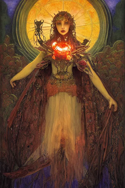 Image similar to queen of the dead with her lantern and regalia, by Annie Swynnerton and Nicholas Roerich and jean delville and Gaston Bussière, black leather and embroidered velvet, iridescent beetles, rich color, ramatic cinematic lighting, featured on Artstation, extremely detailed