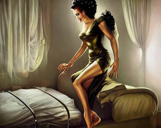 Prompt: phtorealistic modern pin up of the bride of frankenstein posing in a bed in the room of a sanatarium, full body, campy color scheme, realistic, center, smooth, golden ratio, detailed, aly fell, daniela uhlig