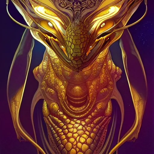 Prompt: hyper advanced alien evolved from crocodile, sci fi, glowing eyes, volumetric lights, gold theme, art nouveau botanicals, intricate, highly detailed, digital painting, artstation, concept art, smooth, sharp focus, cinematic, illustration, beautiful face, art by artgerm and james gurney and alphonse mucha