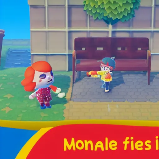 Image similar to ronald mcdonald fights a can of la croix, screenshot from animal crossing