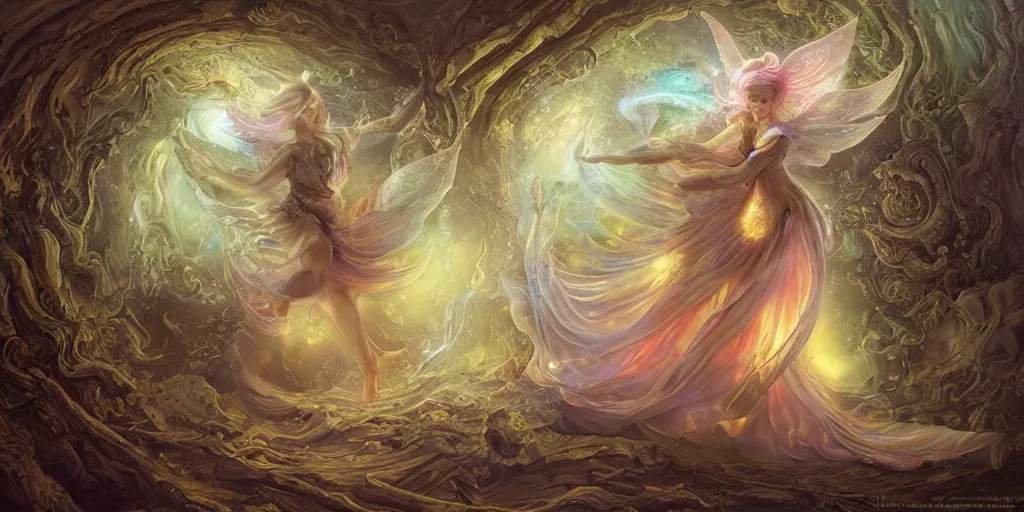 Prompt: concept art of translucent glowing curvy fairy dancing, renaissance, melting, round moons, rich swirly clouds, very detailed, volumetric light, mist, fine art, textured oil over canvas, epic fantasy art, very colorful, ornate intricate scales, floor made of skulls, fractal gems