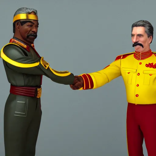 Prompt: a hyper realistic ultra realistic photograph of stalin shaking hands with Geordi La Forge, highly detailed, 8k photograph