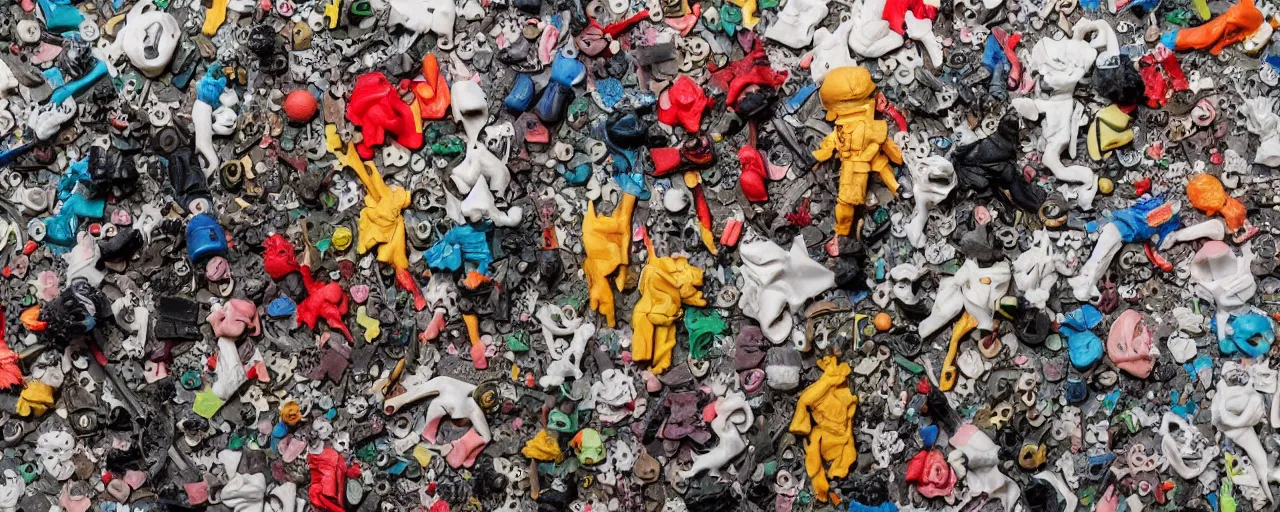 Prompt: a piece of plastiglomerate made from rubber gloves warhammer figures and face masks, photographic, highly detailed