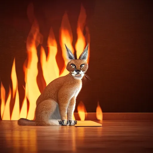 Image similar to wide-angle photo of cute caracal sitting on a wooden chair in a room, flames of fire at background, octane render, 3d, 8k , hd, studio light