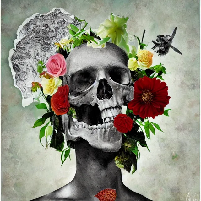 Prompt: flowers and death, surrealistic collage art